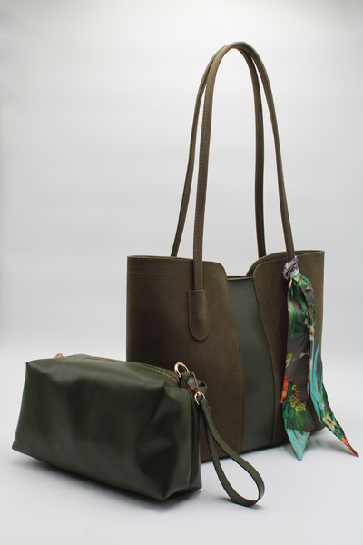 LASSO Women's Large Size Khaki Scarf Detailed Puppy Suede Leather Hand, Arm and Shoulder Bag