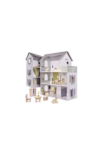 Three top online Wooden dollhouse + furniture 70cm grey