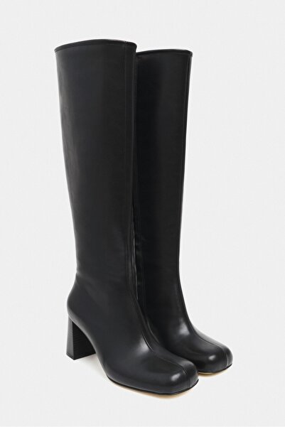 NİŞANTAŞI SHOES Choppa Black Rustic Pattern Blunt Toe Thick Heeled Boots