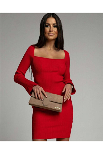 scyllastore Kadın Uzun Kollu Kare Yaka Kol Ucu Ispanyol Triko Elbise