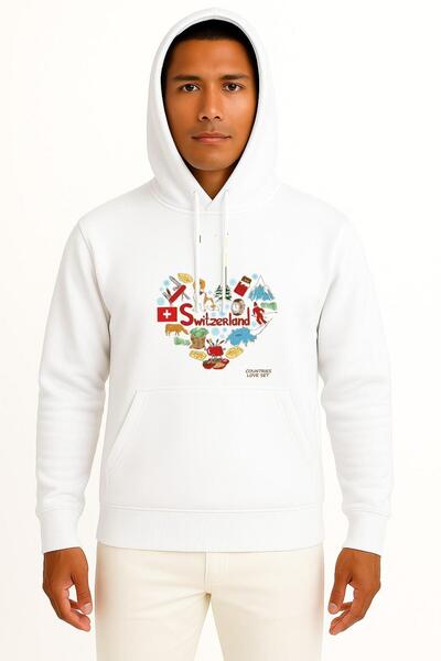 Bahriyeli Collection Hooded Swiss Country and Heart Logo Chest B Printed Unisex Sweatshirt