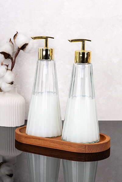 Dolkin Home Set de 2 dozatoare de săpun din sticlă cu suport din lemn, dozato...
