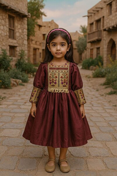 La reina petite فستان تراثي خليجي مطرّز للبنات – لون خمري ميدي