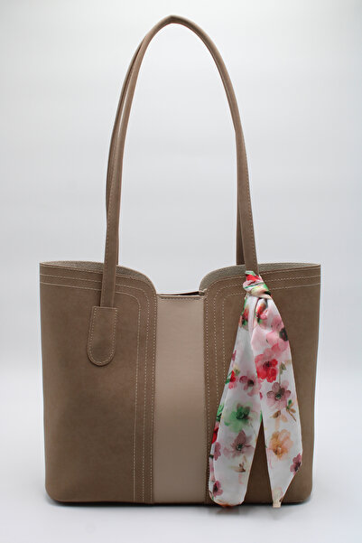 LASSO Women's Large Size Beige Scarf Detailed Puppy Suede Leather Hand, Arm and Shoulder Bag