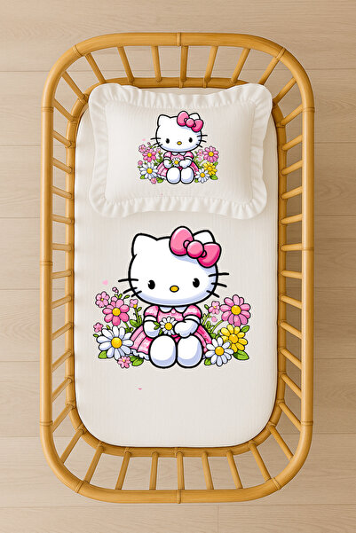 Moda Lime Çiçekli Hello Kitty Temalı Bebek Nevresim Takımı – %100 Akfil – İçi...