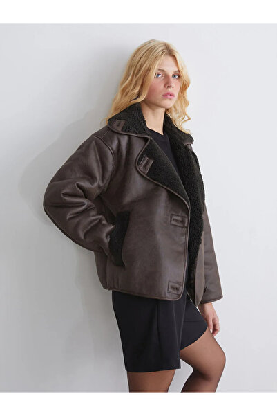 LC Waikiki Brown Plush Biker Collar Women's Suede Coat