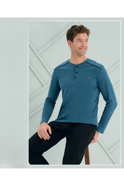 Over Sleep by Poleren Men's Petrol Interlock Long Sleeve Pajama Set 2201