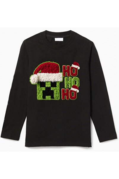 Efendioğlu Design Long Sleeve the Creeper Head Ho Ho Ho New Year Christmas Cotton Kids T-Shirt