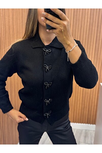 Rozella Butik Black Bow Button Cardigan