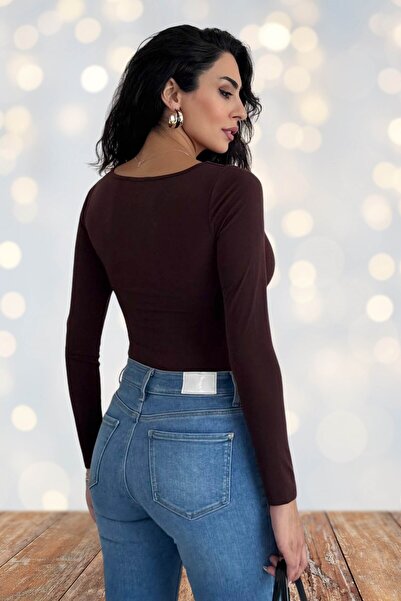 Moda Amore Women's V-Neck Gold Detailed Long Sleeve Blouse – Black, Coffee, White, Burgundy 10136