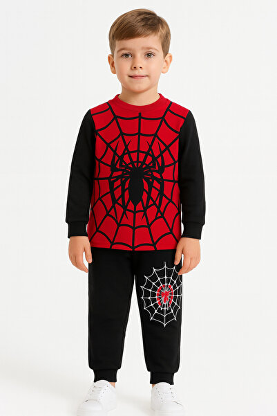 miniktavşanlarkids Boys' Spider Patterned Sweatshirt and Jogger Top and Bottom Set – Set of 2 – Ages 3-10 – Winter