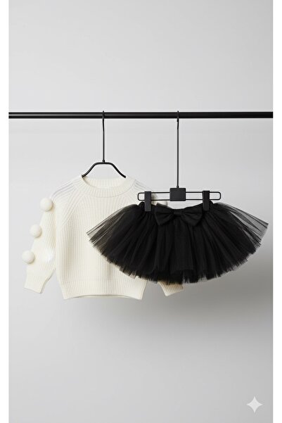 kokosh _ kidss burcu sapmaz Girl's Black Tutu and Pom-Pom Knit Sweater Set