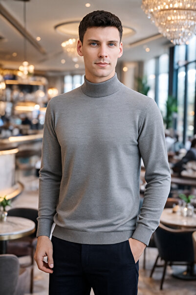 STYLENEST Men's Soft Textured Non-Pilling Gray Half Turtleneck Knit Sweater