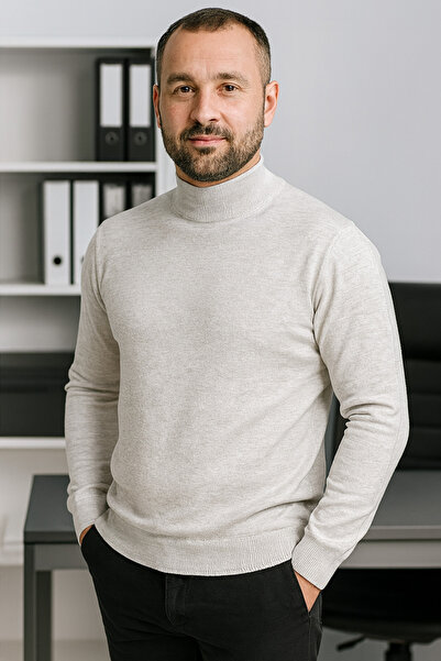 STYLENEST Men's Soft Textured Non-Pilling Beige Half Turtleneck Knit Sweater