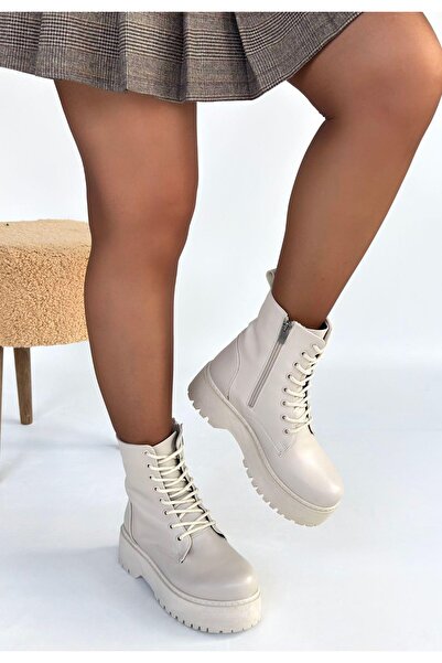 KAZAX Μπότες Jonni Beige Δερμάτινες με κορδόνια