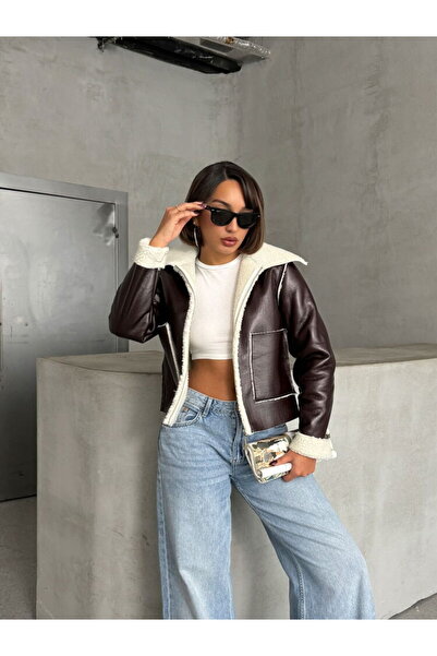 CKM MODA Palton scurt din piele artificială cu blană