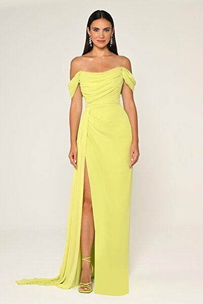 ALFABETA Long chiffon evening dress with side slit and off-the-shoulder
