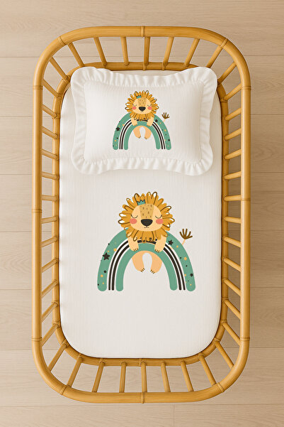 Moda Lime Lion and Rainbow Themed Baby Bedding Set with Filled Ruffled Pillow Unisex Design