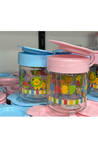 abenim Bebek Temalı Cam Mama Saklama Kavanozu (Mavi & Pembe Kapaklı) 2 Li