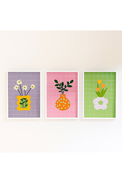 NT Handmade Laminated Framed Pvc Protected 3-Piece Minimalist Floral Pattern Decorative Uv Printing Mdf Wall Painting Set