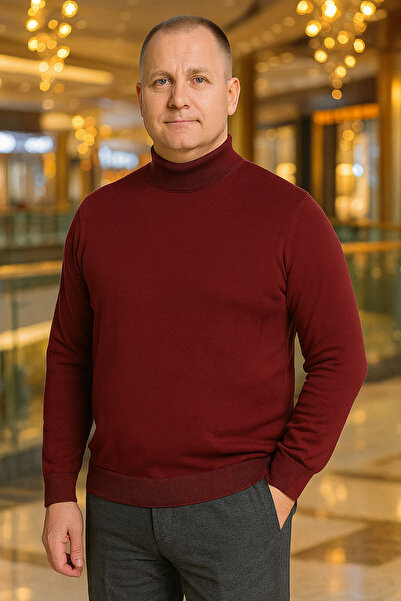 STYLENEST Men's Soft Textured Non-Pilling Burgundy Half Turtleneck Knit Sweater