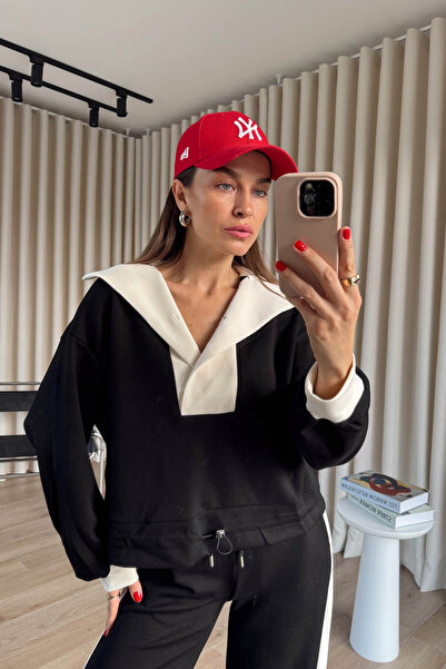 Sue Store Black and White Oversized Modal Tracksuit Set with Snap Fasteners on the Front