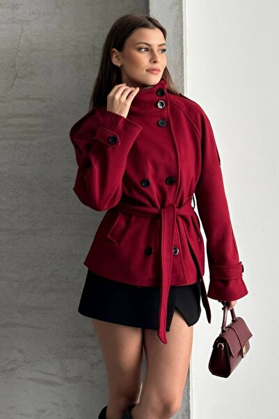 asyadabutik Women's Mock Neck Belted Short Lined Cashmere Coat