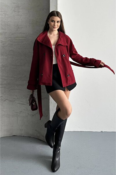 asyadabutik Women's Mock Neck Belted Short Lined Cashmere Coat