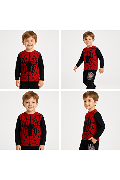 miniktavşanlarkids Boys' Spider Patterned Sweatshirt and Jogger Top and Bottom Set – Set of 2 – Ages 3-10 – Winter