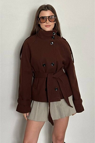 asyadabutik Palton de damă guler ridicat cu bretele, scurt, căptușit, din cat...