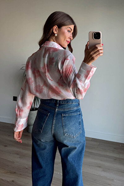 Sue Store Ecru Powder Floral Printed Silk Textured Shirt