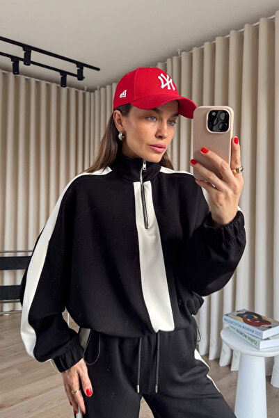 Sue Store Black and White Striped Detail Zippered Oversized Modal Tracksuit Set