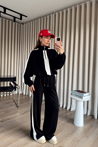 Sue Store Black and White Striped Detail Zippered Oversized Modal Tracksuit Set