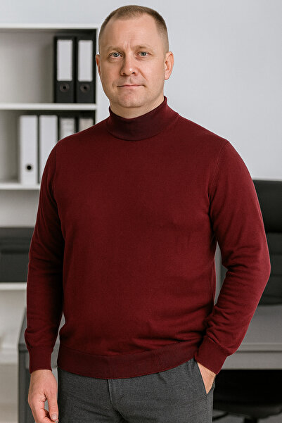 STYLENEST Men's Soft Textured Non-Pilling Burgundy Half Turtleneck Knit Sweater