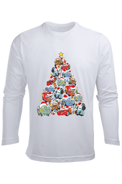 Efendioğlu Design Lighted Mcqueen from Cars Long Sleeve Christmas Tree Printed Cotton New Year Children's T-Shirt
