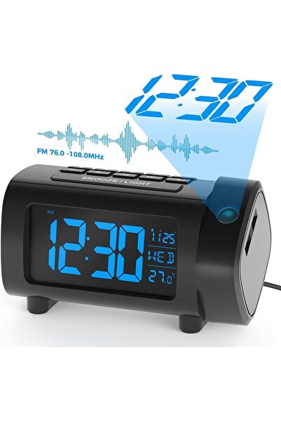 HyMark Mavi Projeksiyonlu Çalar Saat FM Radyo Dijital Saat USB Şarj Sıcaklık ...