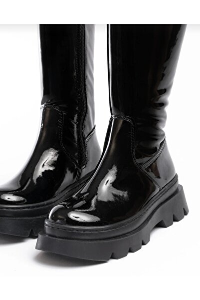 PATİK BEBE Girls' Zippered Black Patent Leather Stretch Boots