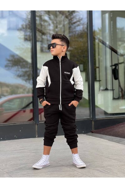 inebolu kids Zippered Piece 3 Thread Fleece-Lined Garson 2-Piece Sweat Tracksuit Set for Boys