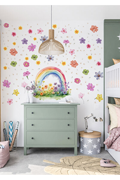Ettycat Design Gökkuşağı ve Çiçek Duvar Sticker | Mat, Sökülebilir, Dekoratif...