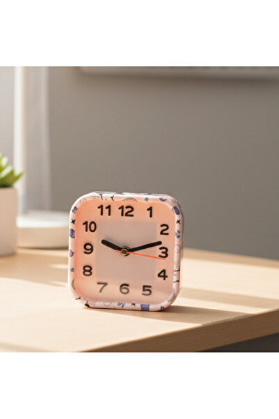 Livava Desenli Mini Kare Masa Saati, Pembe, 13x13