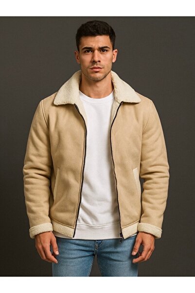 THEGENTMAN Fur Nubuck Coat Inside Arms All Sides Lamb Faux Fur Coat Jacket Men