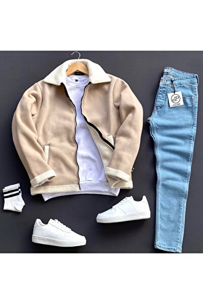 THEGENTMAN Fur Nubuck Coat Inside Arms All Sides Lamb Faux Fur Coat Jacket Men