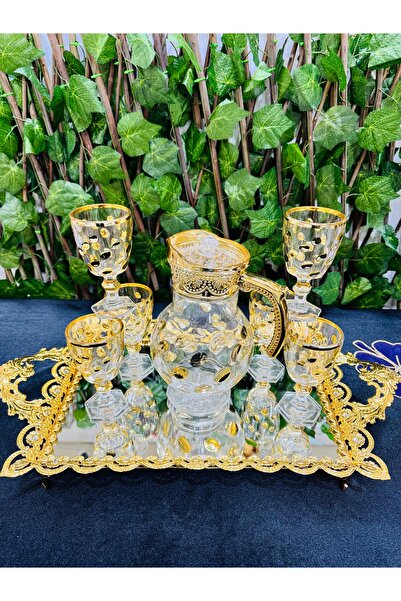EVRA 7 Parça Sürahili Cam Bardak Seti Altın Yaldızlı Ayaklı