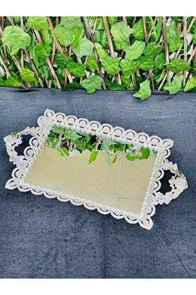 EVRA Gümüş Kristal Taşlı Ayaklı Jumbo Büyük Boy Aynalı İthal Tepsi 026