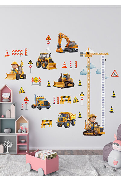 Ettycat Design İş Makinası Temalı Boy Ölçerli Duvar Sticker Seti - Mat, Sökül...