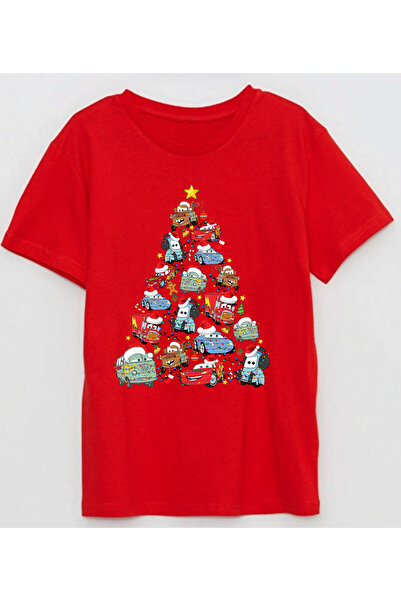 Efendioğlu Design Lighted Mcqueen Christmas Tree from Cars Printed Cotton New Year Children's Short-Sleeved T-Shirt