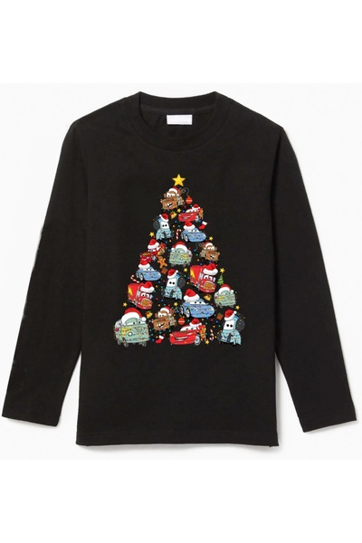 Efendioğlu Design Lighted Mcqueen from Cars Long Sleeve Christmas Tree Printed Cotton New Year Children's T-Shirt