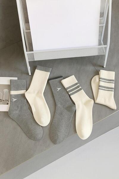 Sky Socks 5-Piece Economical Pack Gray-Ecru Patterned Unisex Tennis Socks Set