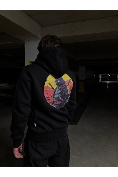 Unisex Kapşonlu Siyah Pamuklu Samuray Kedi Sırt Baskılı Sweatshirt