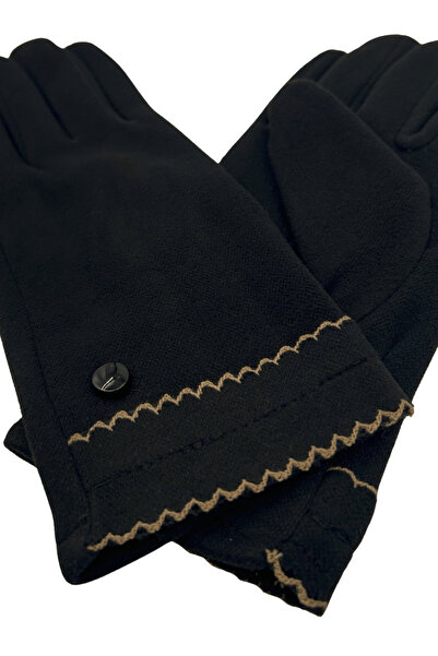 Sofist İstanbul Black Suede Look Button Detailed Soft Women's Gloves